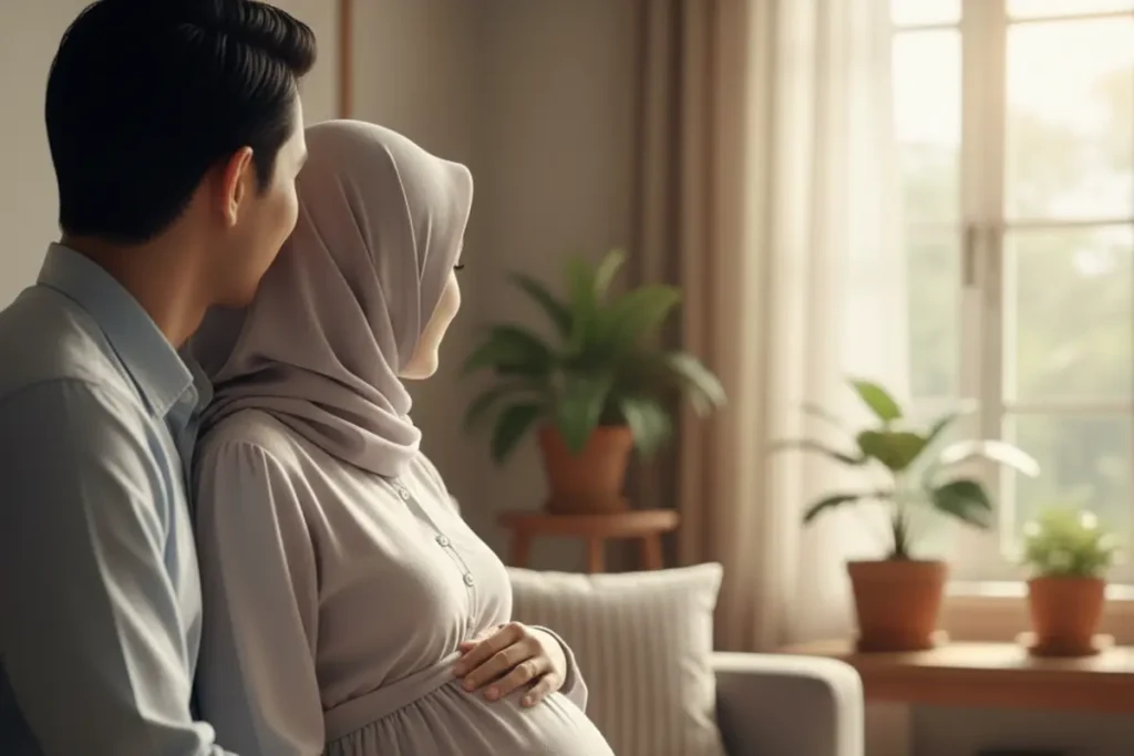 Pasangan muda sedang duduk bersantai, tangan suami memegang perut istri yang sedang hamil muda mengenakan hijab, tampak belakang tanpa wajah.