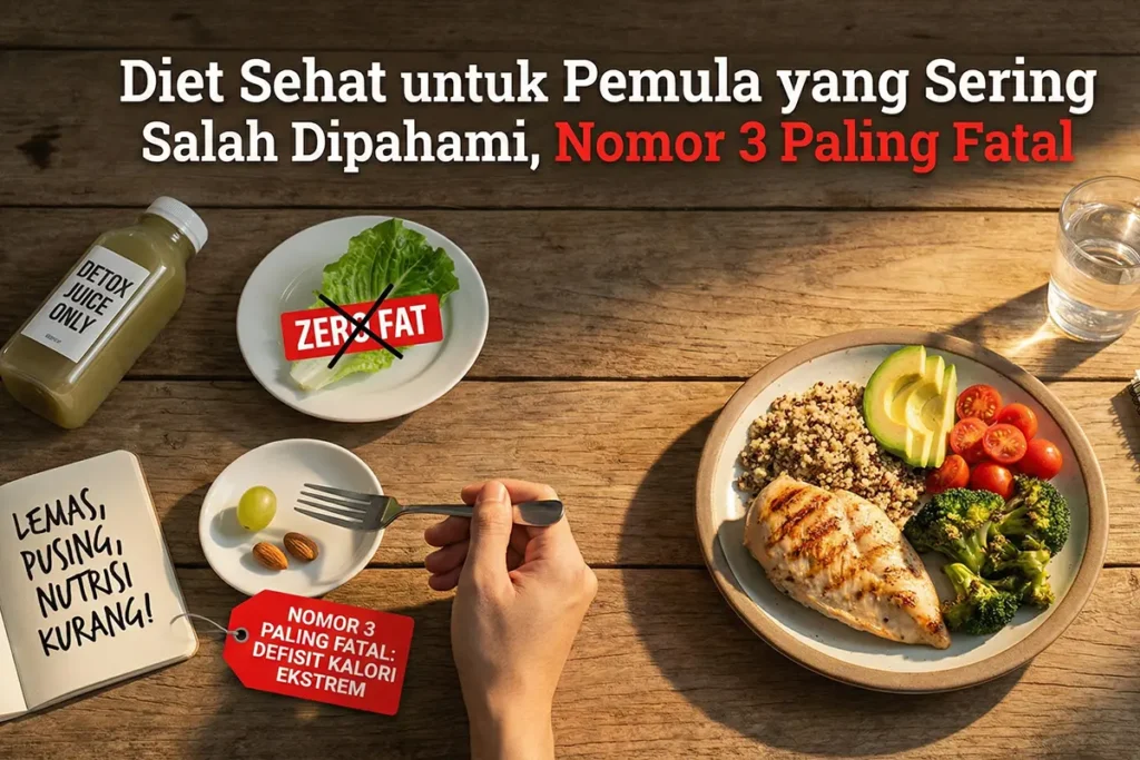 Ilustrasi diet sehat untuk pemula dengan menu seimbang berisi nasi, sayur, dan protein