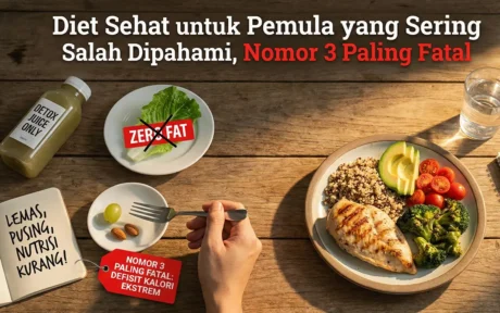 Ilustrasi diet sehat untuk pemula dengan menu seimbang berisi nasi, sayur, dan protein