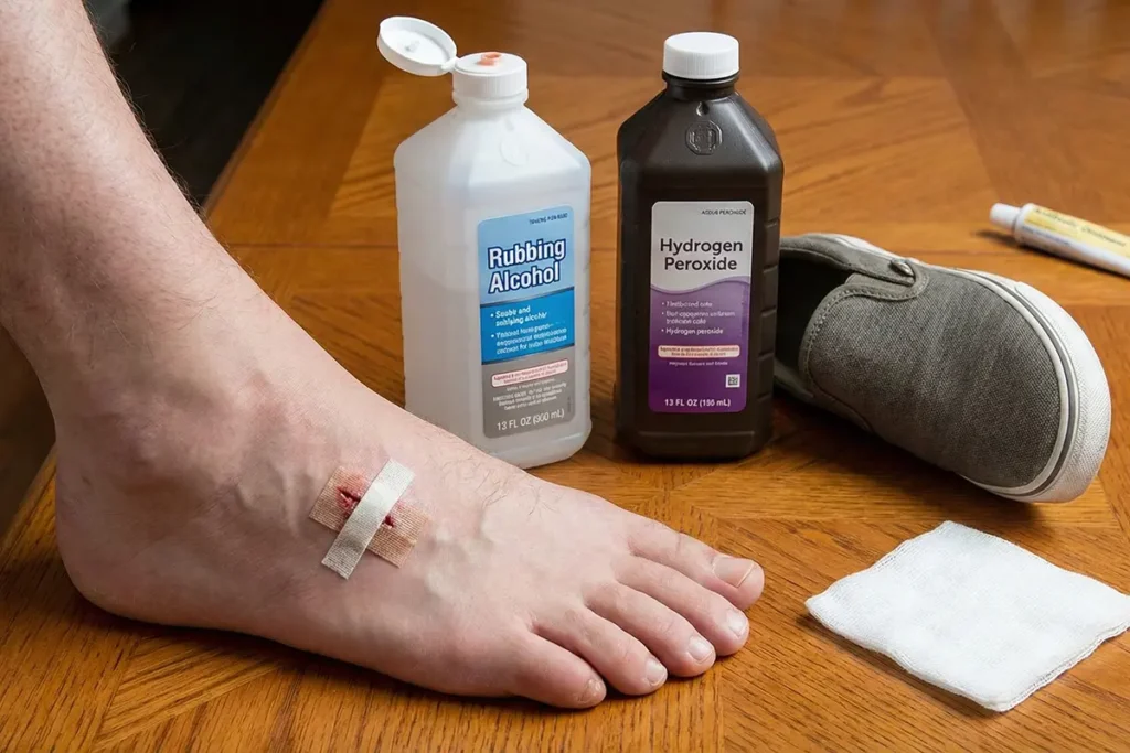 Kaki dengan luka kecil dikelilingi oleh bahan yang salah untuk perawatan luka diabetes seperti alkohol gosok dan hidrogen peroksida, serta sepatu yang berpotensi sempit.