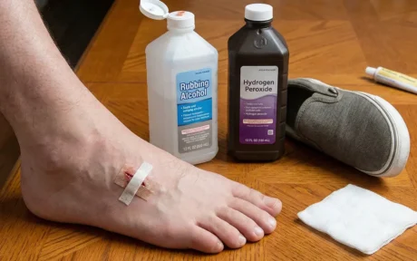 Kaki dengan luka kecil dikelilingi oleh bahan yang salah untuk perawatan luka diabetes seperti alkohol gosok dan hidrogen peroksida, serta sepatu yang berpotensi sempit.