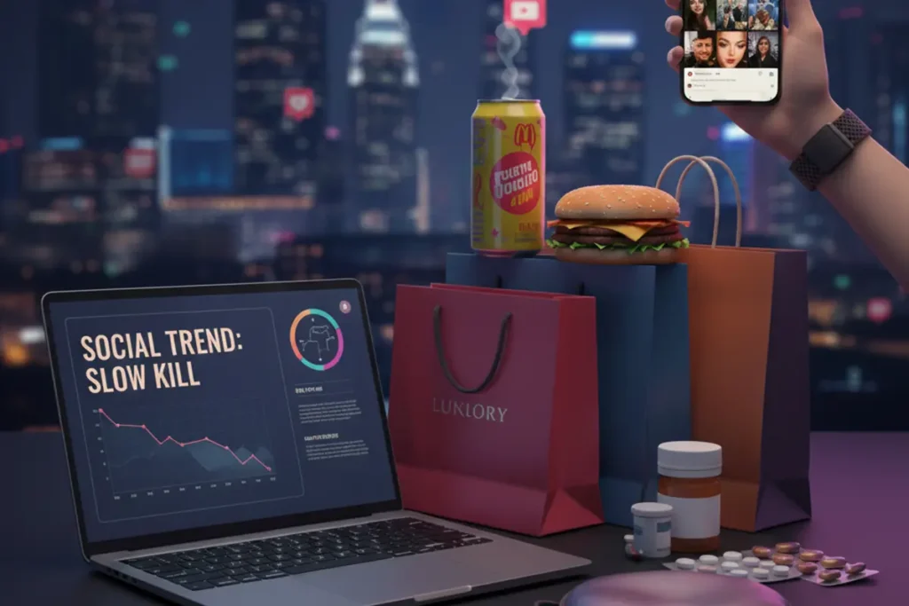 Ilustrasi pekerja urban kelelahan yang mengorbankan kesehatan demi gaya hidup modern dan tuntutan produktivitas