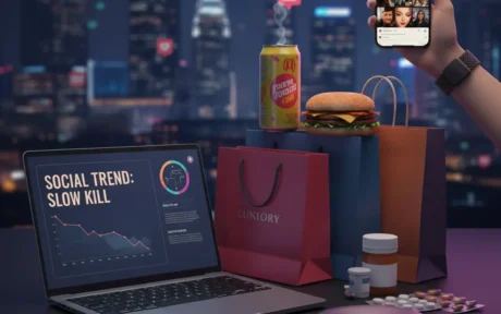 Ilustrasi pekerja urban kelelahan yang mengorbankan kesehatan demi gaya hidup modern dan tuntutan produktivitas