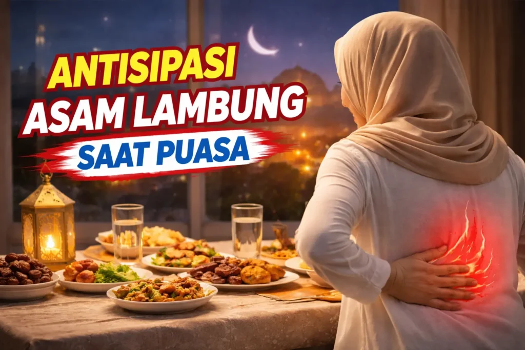 Wanita berhijab terlihat dari belakang memegang perut saat berbuka puasa, ilustrasi antisipasi asam lambung saat puasa.