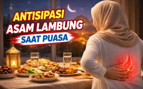 Wanita berhijab terlihat dari belakang memegang perut saat berbuka puasa, ilustrasi antisipasi asam lambung saat puasa.