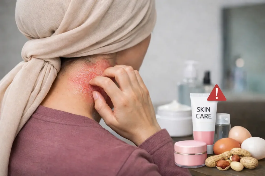 Wanita muda berhijab menggaruk eksim di leher dengan produk skincare di meja