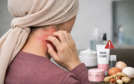 Wanita muda berhijab menggaruk eksim di leher dengan produk skincare di meja
